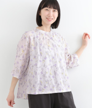 コットンリネン小花プリントピンタックプルオーバー(パープル-ONESIZE)