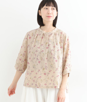 コットンリネン小花プリントピンタックプルオーバー(ピンク-ONESIZE)