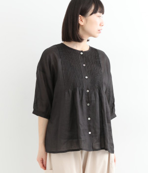 リネン平織ピンタックブラウス(ブラック-ONESIZE)