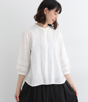 コットンボイルピンタックレースブラウス(オフホワイト-ONESIZE)