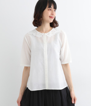 コットンシルクレース襟ブラウス(オフホワイト-ONESIZE)