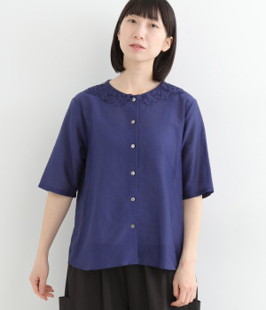コットンシルクレース襟ブラウス(ネイビー-ONESIZE)