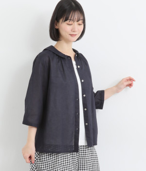 コットンリネンボイル変形襟ブラウス(ネイビー-ONESIZE)