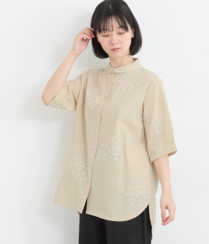 コットンリネンドット刺繍ショール襟ブラウス(ベージュ-ONESIZE)