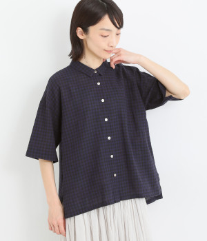 リネンコットンギンガムチェックシャツブラウス(ダークパープル-ONESIZE)