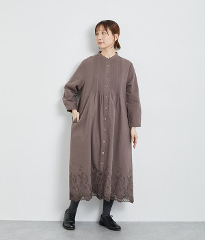 スカラ刺繍前開きピンタックワンピース(グレイッシュパープル-ONESIZE)