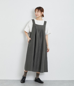リネン2wayタックジャンパースカート(チャコールグレー-ONESIZE)