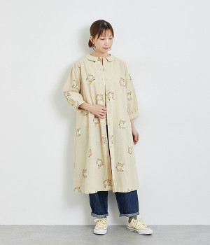 フラワー刺繍襟付き前開きワンピース(ナチュラル-ONESIZE)
