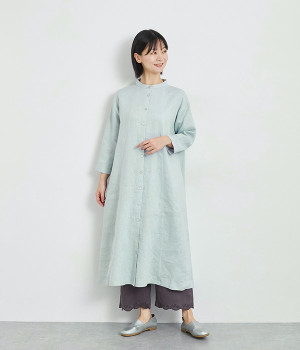 リネン切替前開きワンピース(サックス-ONESIZE)