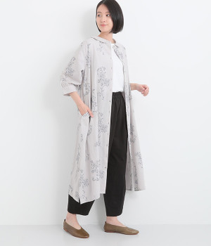 コットンリネン平織線画刺繍ターンカラー2wayワンピース(ライトグレー-ONESIZE)