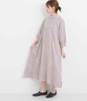 コットンリネン平織線画刺繍ターンカラー2wayワンピース(グレイッシュピンク-ONESIZE)