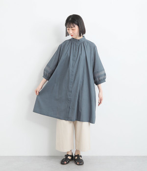 コットンリネンボイルアンティークワンピース(グレイッシュブルー-ONESIZE)