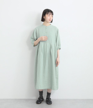 リネン平織タックワンピース(ミント-ONESIZE)