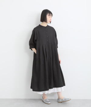 リネン平織タックワンピース(ブラック-ONESIZE)