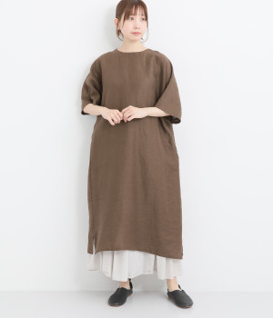 リネン平織ドルマンスリーブワンピース(ダークブラウン-ONESIZE)