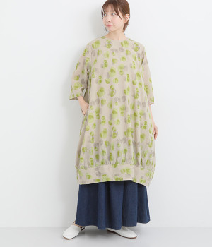 リネンコットンプリントギャザーワンピース(オリーブ-ONESIZE)