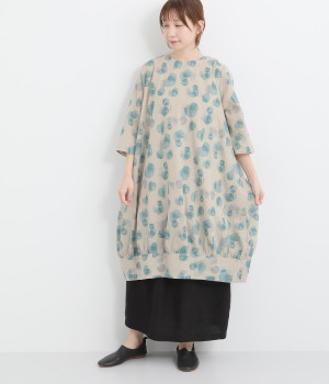 リネンコットンプリントギャザーワンピース(ブルーグリーン-ONESIZE)