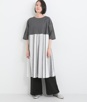 コットンリネンマルチストライプドルマン袖ワンピース(グレー-ONESIZE)