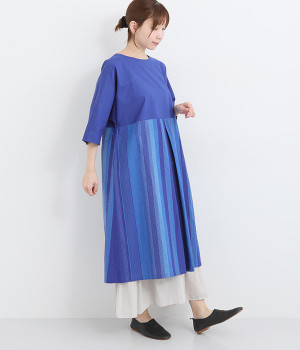 コットンリネンマルチストライプドルマン袖ワンピース(ネイビー-ONESIZE)