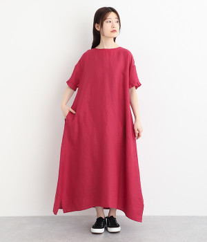 リネン平織ロングワンピース(レッド-ONESIZE)