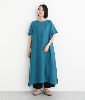 リネン平織ロングワンピース(ブルーグリーン-ONESIZE)