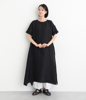 リネン平織ロングワンピース(ブラック-ONESIZE)