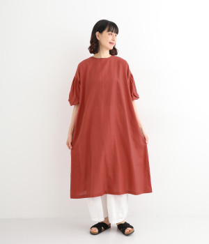 リネン平織ボリューム袖ワンピース(レッド-ONESIZE)