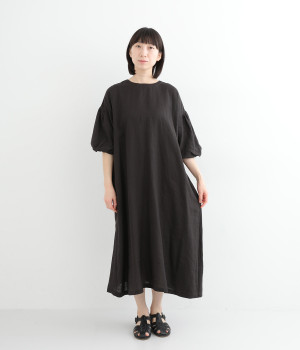 リネン平織ボリューム袖ワンピース(ブラック-ONESIZE)