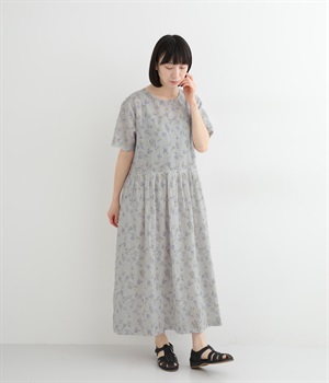 コットンリネン小花プリント切り替えタックワンピース(パープル-ONESIZE)