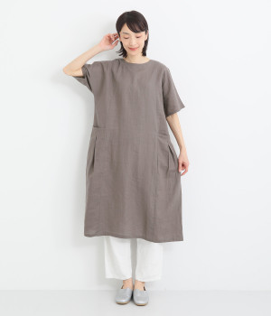 リネンクルーネックワンピ―ス(チャコール-ONESIZE)