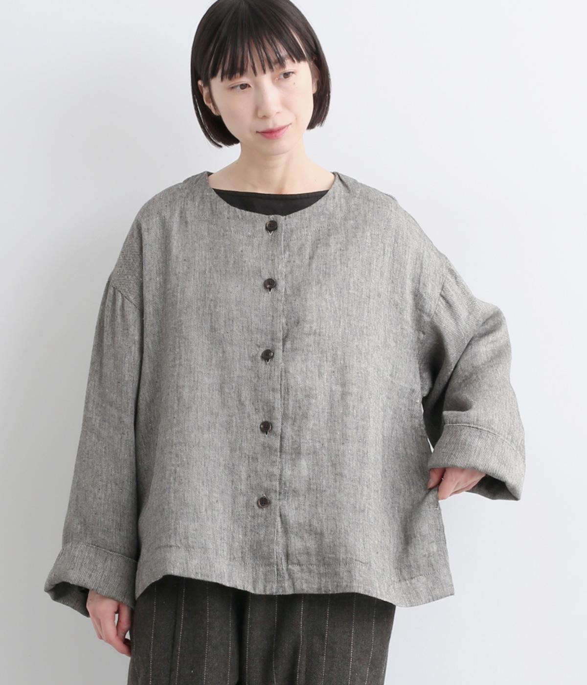リネン綾ノーカラージャケット(グレー-F)