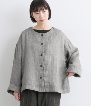 リネン綾ノーカラージャケット(グレー-F)