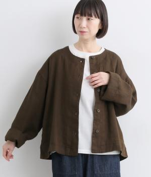 リネン綾ノーカラージャケット(ブラウン-F)