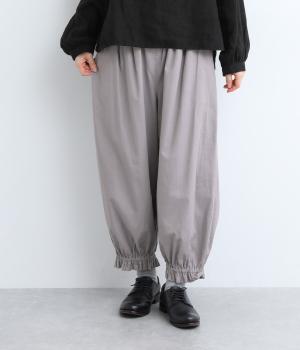 コットンリネン裾フリルギャザーパンツ(グレージュ-ONESIZE)