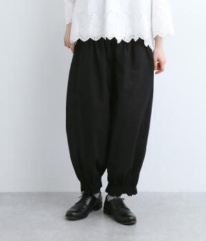 コットンリネン裾フリルギャザーパンツ(ブラック-ONESIZE)