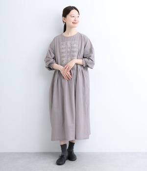 コットンリネンレース刺繍切替ワンピース(グレージュ-ONESIZE)