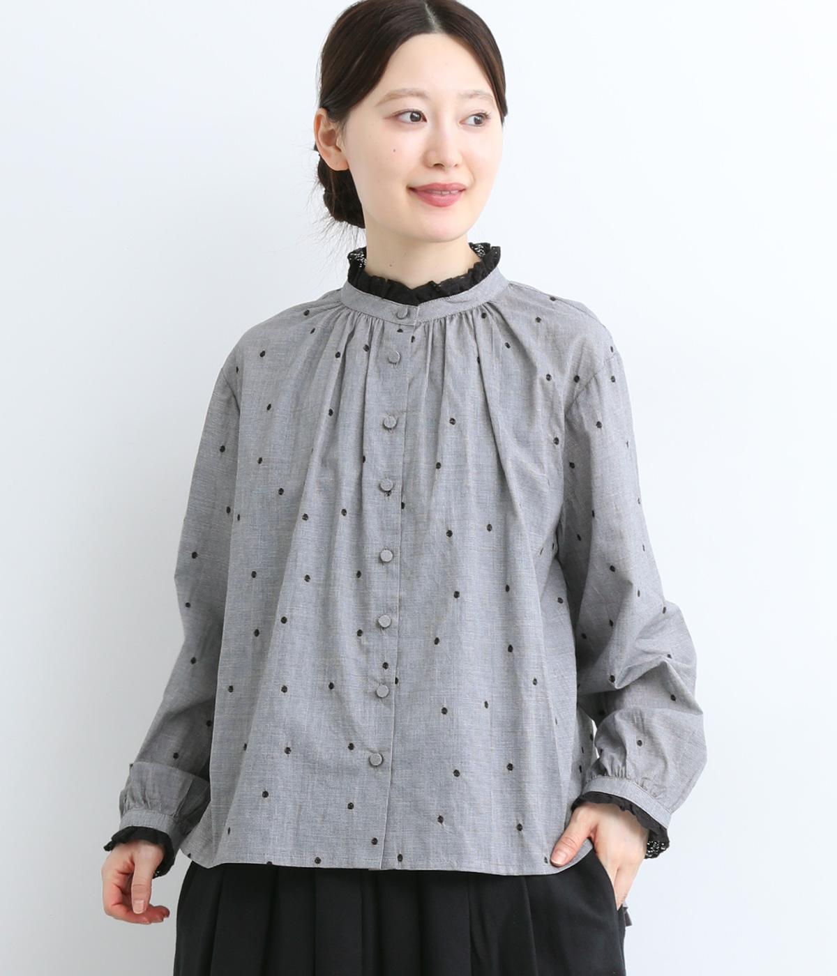 先染ドット刺繍ブラウス(千鳥格子-ONESIZE)