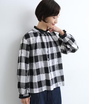 先染ドット刺繍ブラウス(チェック-ONESIZE)