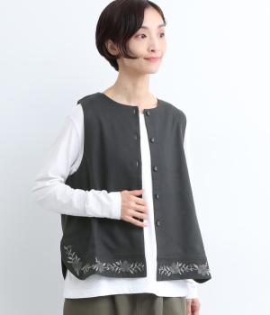 レーヨンリネン刺繍入りベスト(チャコールグレー-ONESIZE)