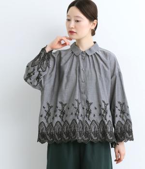 スカラ刺繍ギャザーブラウス(グレー-ONESIZE)