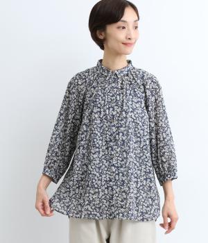 小花プリントギャザーブラウス(ネイビー-ONESIZE)