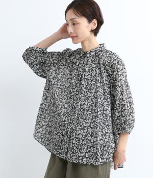 小花プリントギャザーブラウス(ブラック-ONESIZE)