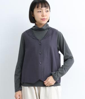 コットンリネンレースカラーベスト(ナス紺-F)