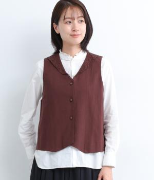 コットンリネンレースカラーベスト(ボルドー-F)