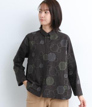 コットン平織ドット刺繍シャツカラーブラウス(ダークブラウン-F)