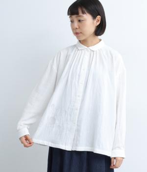 コットンダブルガーゼ刺繍入りギャザーシャツブラウス(オフホワイト-F)
