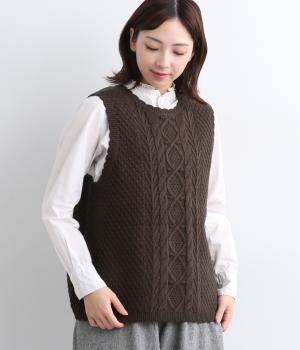ウール混ニットケーブル2wayベスト(ブラウン-F)