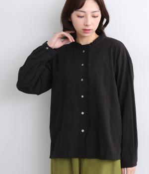 フラワージャカードダブルフリルブラウス(ブラック-F)