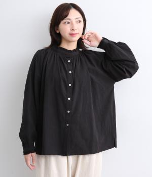 フラワージャカードシャーリングブラウス(ブラック-F)