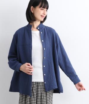 接結ハイネックチュニックブラウス(ブルー-F)